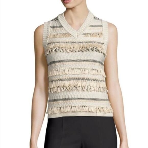 Tory Burch Women's Cream Jacquard Fringe Wool Sweater Vest Size XS - Picture 2 of 5